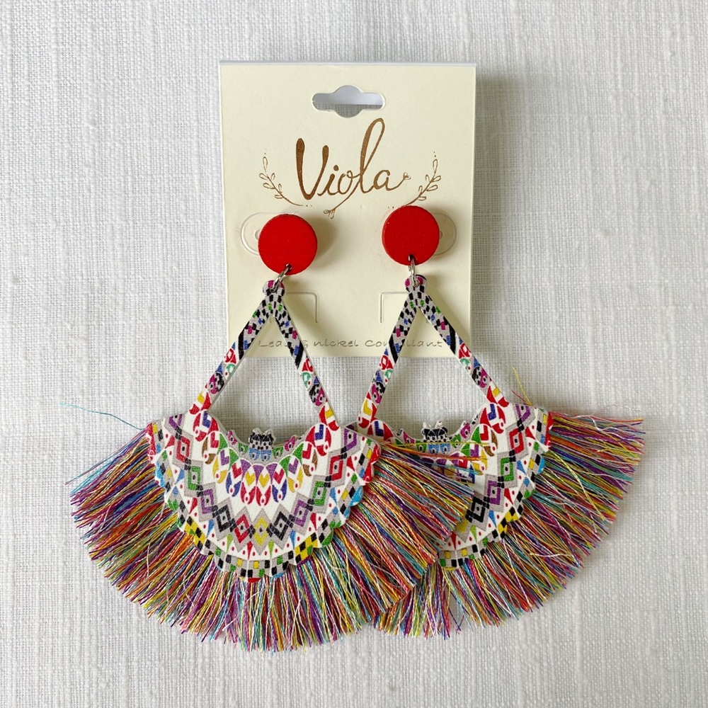 Wooden Multicolored Earrings with Fringe NWOT